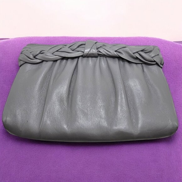Vintage Gray Faux Leather Clutch Purse With Braided Top & Retractable Strap 10" - Picture 1 of 16